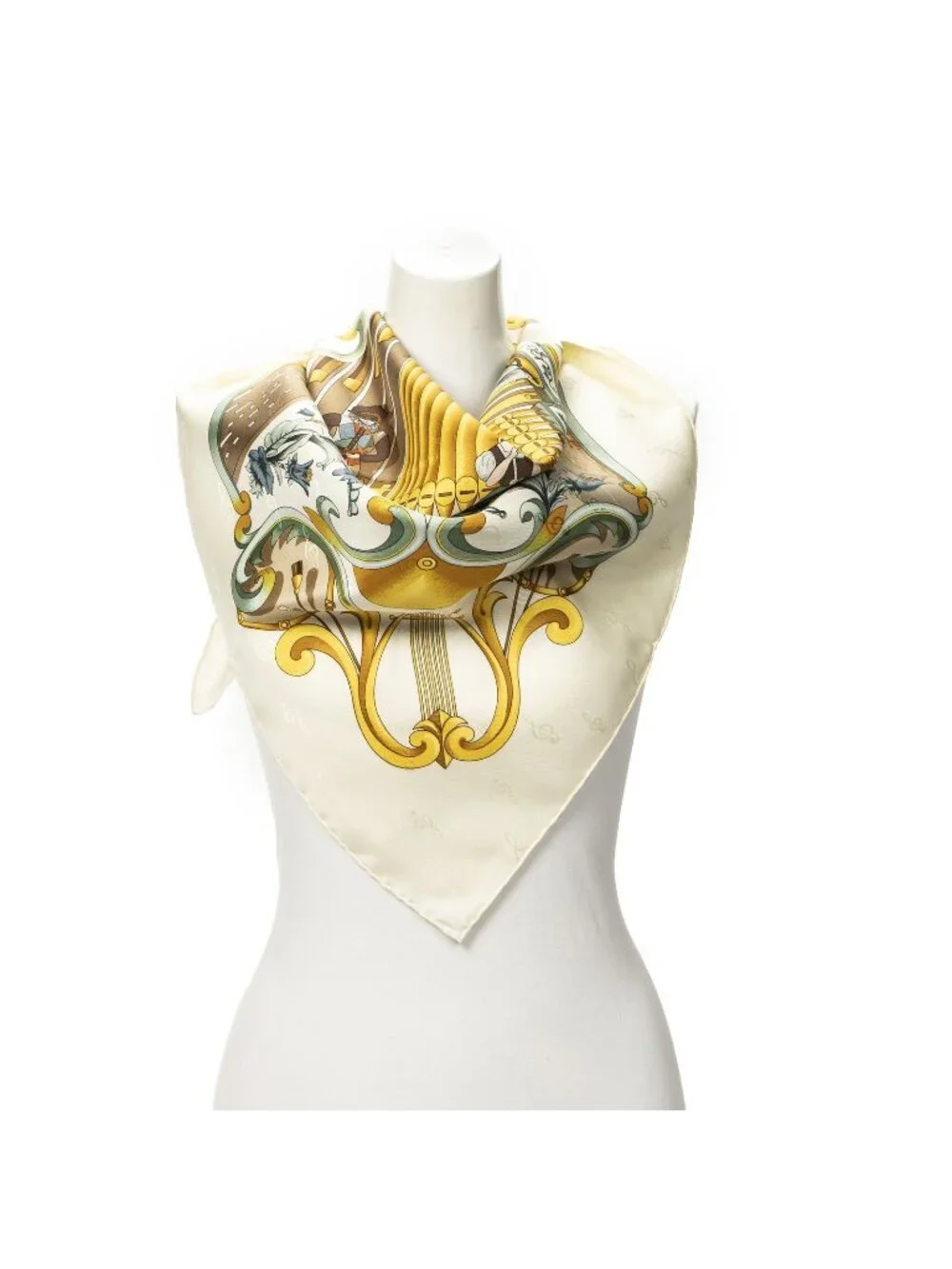★SOLD★ Hermes Scarf Beige Gold Green 100% Jacquard Silk - Picture 1 of 5